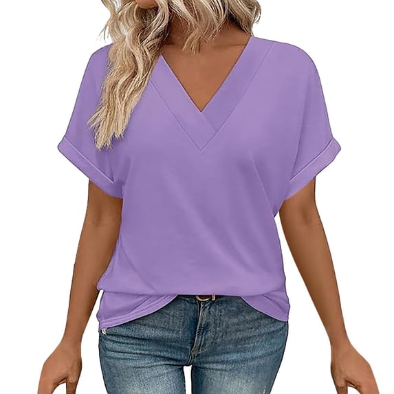 V Neck Shirts for Women Rolled Short Sleeve Tops Summer Business Casual ...