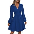 thumbnail image 1 of V-Neck Short Dress for Women Long Sleeve Waist Cinched Solid Color Casual Fashoin Short Skirt Dress, 1 of 4