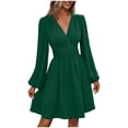 thumbnail image 1 of V-Neck Short Dress for Women Long Sleeve Waist Cinched Solid Color Casual Fashoin Short Skirt Dress, 1 of 6