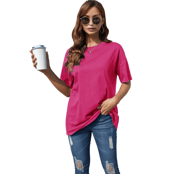 V Neck Short Sleeve Basic Tees Rose Red S