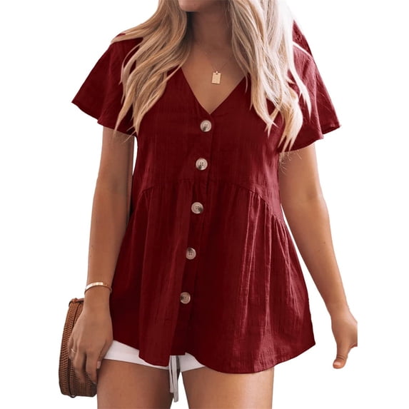 V Neck Short Sleeve Blouse Button Down Shirt Womens Loose Casual Plain Peplum Tops