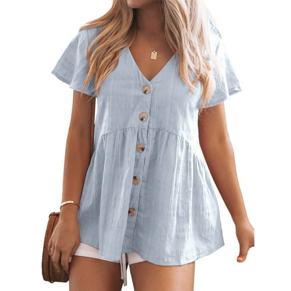 V Neck Short Sleeve Blouse Button Down Shirt Womens Loose Casual Plain Peplum Tops