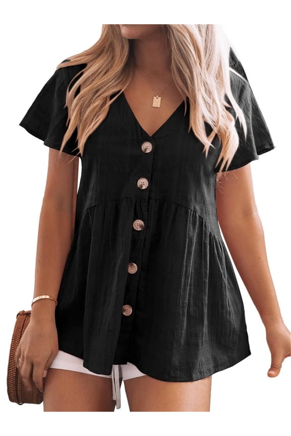 V Neck Short Sleeve Blouse Button Down Shirt Womens Loose Casual Plain Peplum Tops