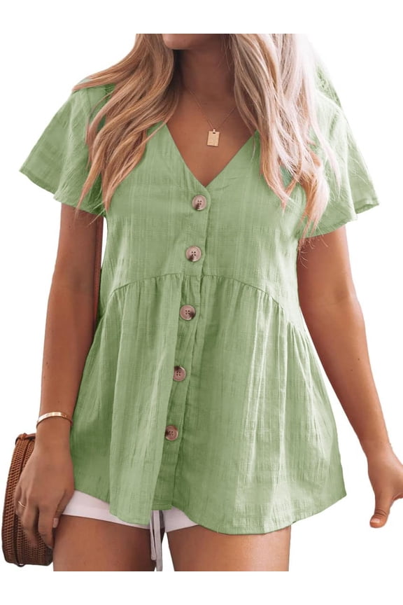 V Neck Short Sleeve Blouse Button Down Shirt Womens Loose Casual Plain Peplum Tops