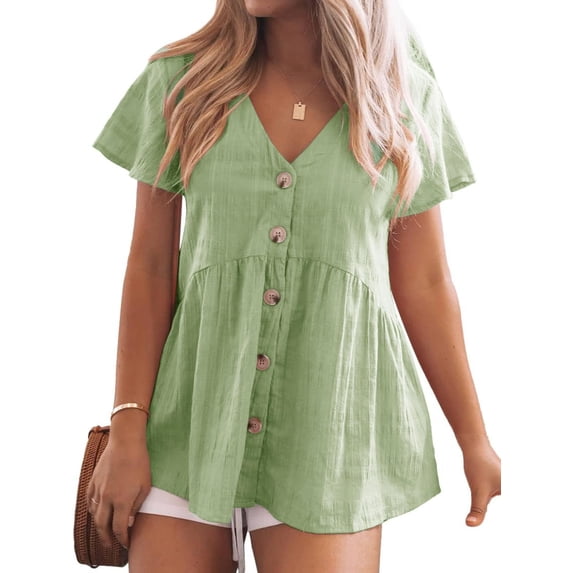V Neck Short Sleeve Blouse Button Down Shirt Womens Loose Casual Plain Peplum Tops