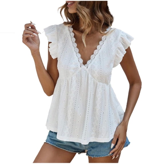 V-Neck Short Sleeve Blouse with Lace Detail, Women's Solid Color Fashion Top