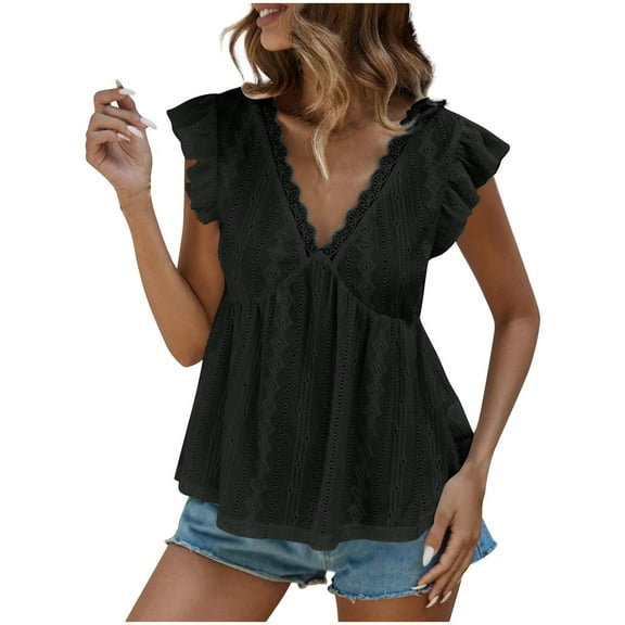 V-Neck Short Sleeve Blouse with Lace Detail, Women's Solid Color Fashion Top