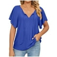 thumbnail image 1 of V-Neck Short Sleeve Drawstring Blouses for Women Dressy Casual Loose Fit Fashion Women's Summer V-Neck Short Sleeve Casual T-shirt Blouse(Blue,L), 1 of 8