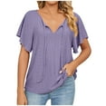 thumbnail image 1 of V-Neck Short Sleeve Drawstring Blouses for Women Dressy Casual Loose Fit Fashion Women's Summer V-Neck Short Sleeve Casual T-shirt Blouse(Purple,S), 1 of 8