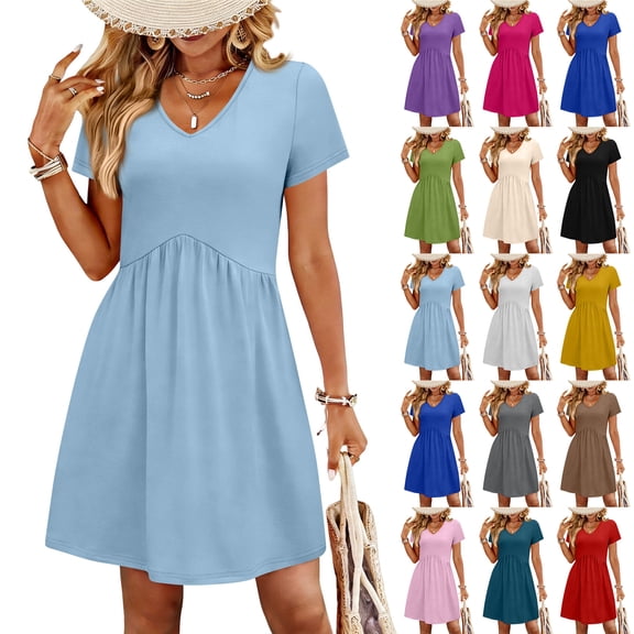 V Neck Short Sleeve Dress Casual Loose Fit Empire Waist Pleated Swing Dress Flowy A-Line Summer Sundress for Beach Vacation