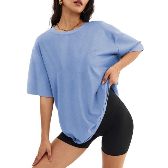 V Neck Short Sleeve Gym Shirts Casual Loose Fit Basic Tees Light blue S