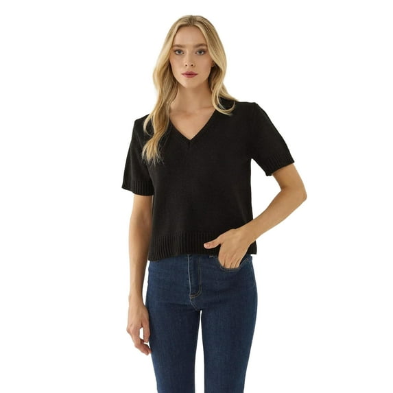 V-Neck Short Sleeve Knit Sweater