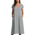 thumbnail image 1 of V Neck Short Sleeve Maxi Dress Casual Loose Fit Flowy Long Dress Sundress with Pockets for Summer Beach Vacation, 1 of 8