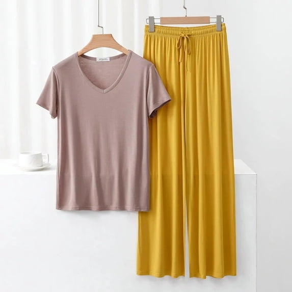V Neck Short Sleeve Pajama Set With Loose Fit Long Pants For Women Thin Summer Sleepwear Pajamas with Pockets Comfortable Womens Pajamas Women Nightwear Women Sleepwear Pajama Sleep Set Pajama Set for