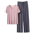 thumbnail image 1 of V Neck Short Sleeve Pajama Set With Loose Fit Long Pants For Women Thin Summer Sleepwear, 1 of 4