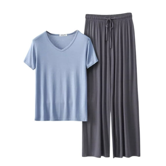 V Neck Short Sleeve Pajama Set With Loose Fit Long Pants For Women Thin Summer Sleepwear