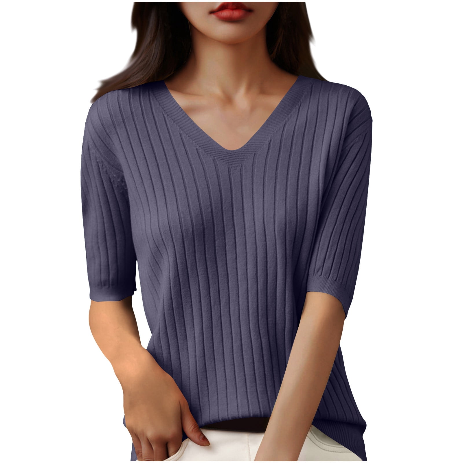 V Neck Short Sleeve Ribbed Tops for Women 2025 Summer Causal Slim Fit ...