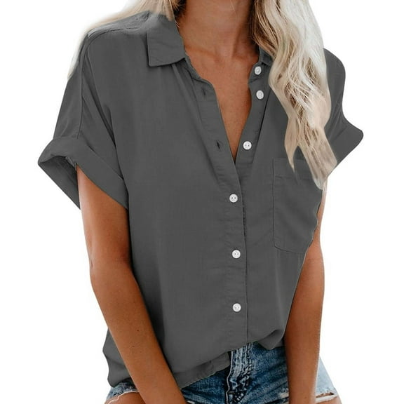 V Neck Short Sleeve Shirts Dark Gray L