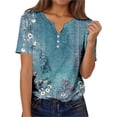 thumbnail image 1 of V Neck Short Sleeve Shirts For Women Flower Prin Dressy Casual Button T Shirt Lightweight Soft Spring Basic Work Tee Vacation Clothes Sky Blue XL, 1 of 5
