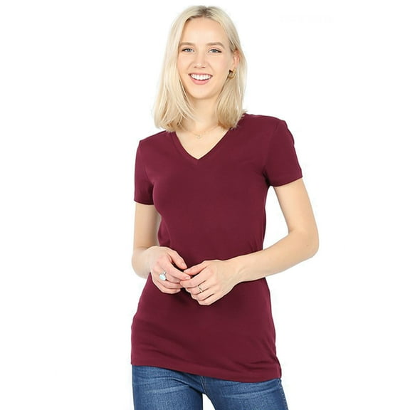 V-Neck Short Sleeve T Shirt Plain Solid Top Stretchy Cotton Tee