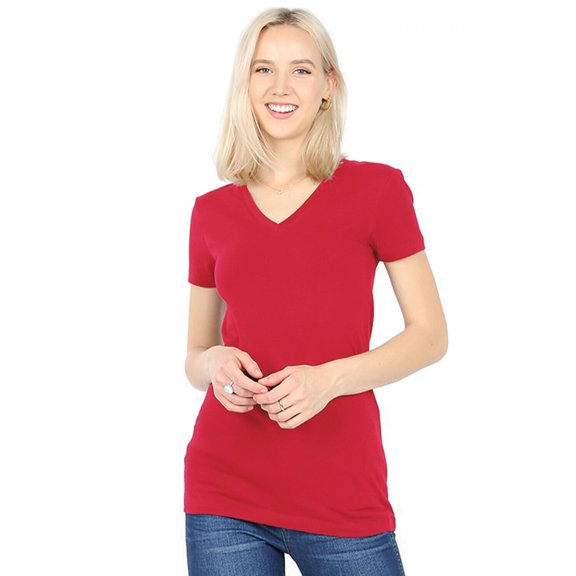 V-Neck Short Sleeve T Shirt Plain Solid Top Stretchy Cotton Tee