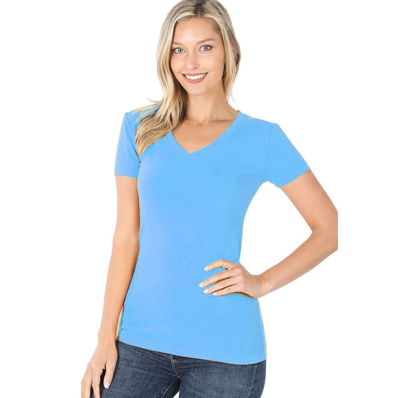 V-Neck Short Sleeve T Shirt Plain Solid Top Stretchy Cotton Tee
