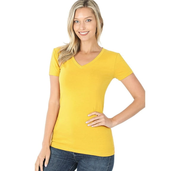 V-Neck Short Sleeve T Shirt Plain Solid Top Stretchy Cotton Tee