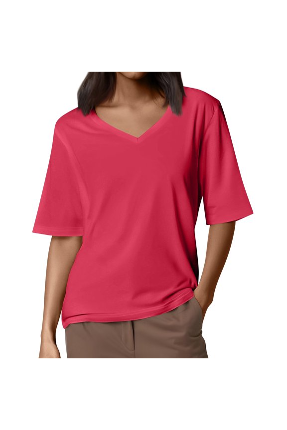 V Neck Short Sleeve T Shirts Womens Summer Tops 2025 Casual Loose Tees Red S