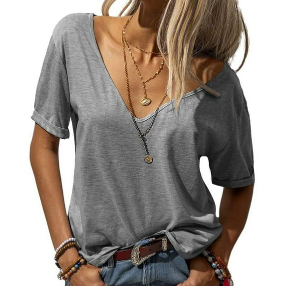 V Neck Short Sleeve Tops Light Grey L