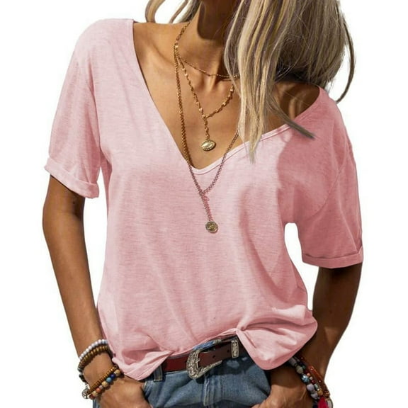 V Neck Short Sleeve Tops Pale Pink XL