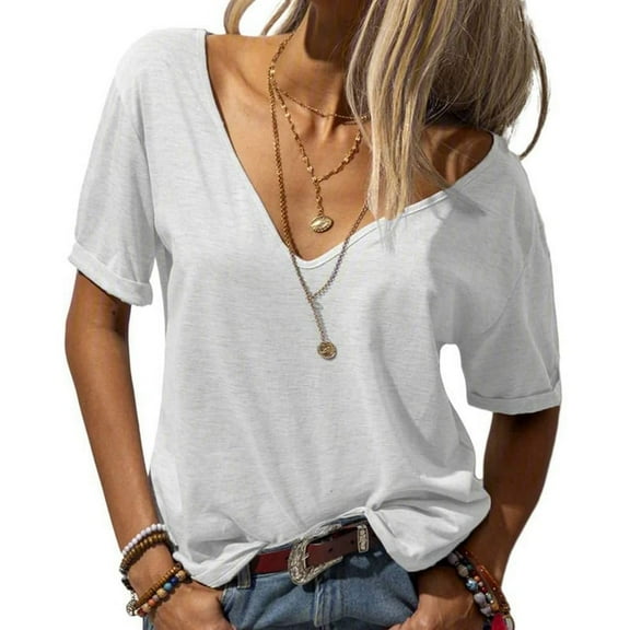 V Neck Short Sleeve Tops White M