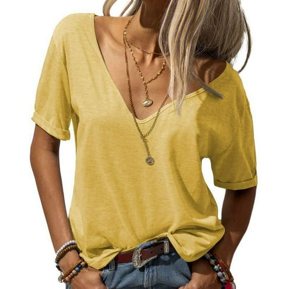 V Neck Short Sleeve Tops Yellow L