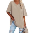 thumbnail image 1 of V-Neck Short Sleeve Women Loose T-Shirt Simple Solid Color Casual Blouse Tops, 1 of 3