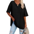 thumbnail image 1 of V-Neck Short Sleeve Women Loose T-Shirt Simple Solid Color Casual Blouse Tops, 1 of 3