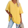 thumbnail image 1 of V-Neck Short Sleeve Women Loose T-Shirt Simple Solid Color Casual Blouse Tops, 1 of 3