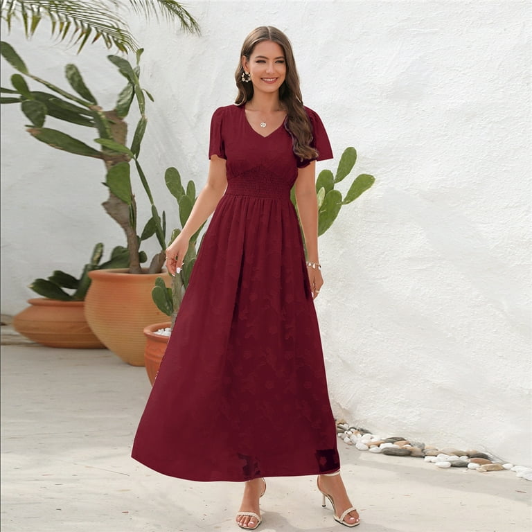 V-Neck Short Sleeves High Waisted Jacquard Maxi Dress - Walmart.com 