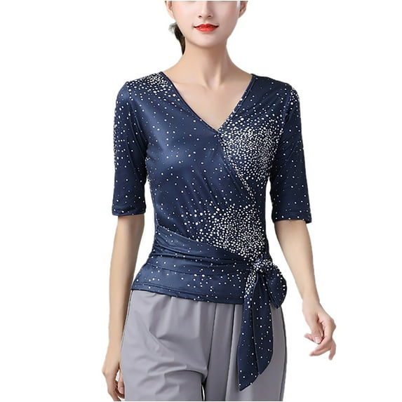 V Neck Sleeve Print Faux Wrap Tie Waist Fitness Yoga Running Workout Sports Gym Ballet Ballroom Dance women's Adult Ladies Blouse T Shirt Tops