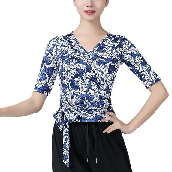 V Neck Sleeve Print Faux Wrap Tie Waist Fitness Yoga Running Workout Sports Gym Ballet Of Ballroom women's Adult Ladies Blouse T Shirt Tops