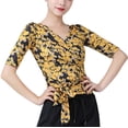 thumbnail image 1 of V Neck Sleeve Print Faux Wrap Tie Waist Fitness Yoga Running Workout Sports Gym Ballet Rumba Ballroom women's Adult Ladies Blouse T Shirt Tops, 1 of 2