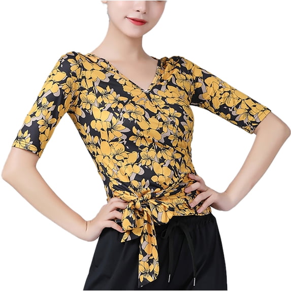 V Neck Sleeve Print Faux Wrap Tie Waist Fitness Yoga Running Workout Sports Gym Ballet Rumba Ballroom women's Adult Ladies Blouse T Shirt Tops