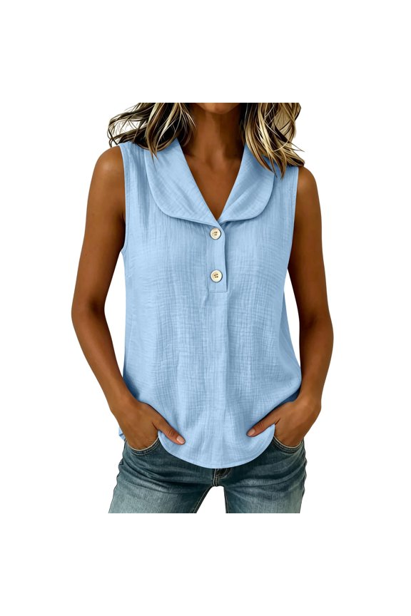 V Neck Sleeveless Blouses for Women Peter Pan Collar Tank Top Dressy Loose Fit Cotton Linen Shirts Lightweight Summer Tops