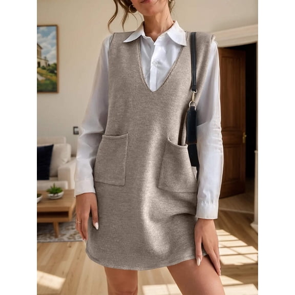 V-Neck Sleeveless Sweater Dress with Pockets