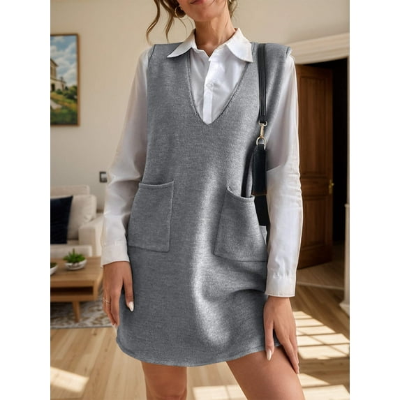 V-Neck Sleeveless Sweater Dress with Pockets