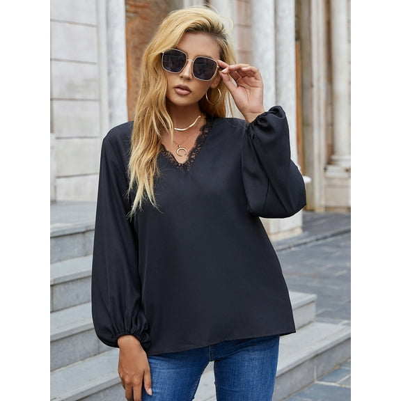 V Neck Solid Color Lace Trim Long Sleeve Spring Blouse for Women