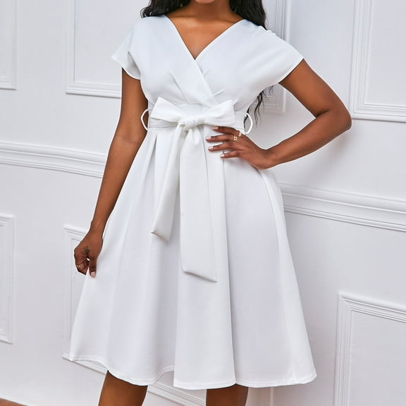 V Neck Solid Color Waist Tie Bowknot Flared Dress For Women Elegant Party Gown Long Sleeve Maxi Dress Champagne Womens Dress Elegant Dresses for Women Evening Party Long plus Size Long Dresses for