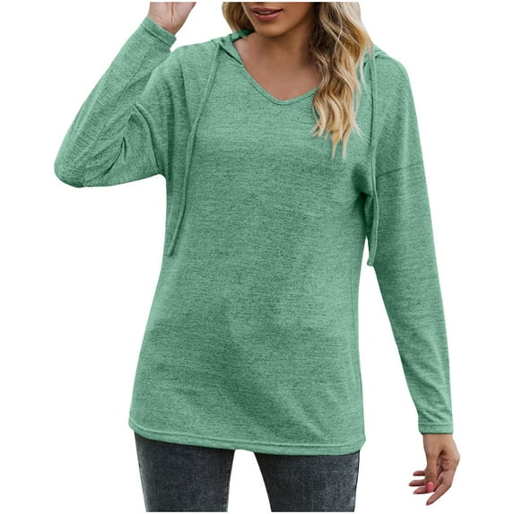 V Neck Solid Hooded Pullover for Women Casual Solid Loose Fit Blouses Workout Gym Hoodie Fall Outgoing Sweatshirts