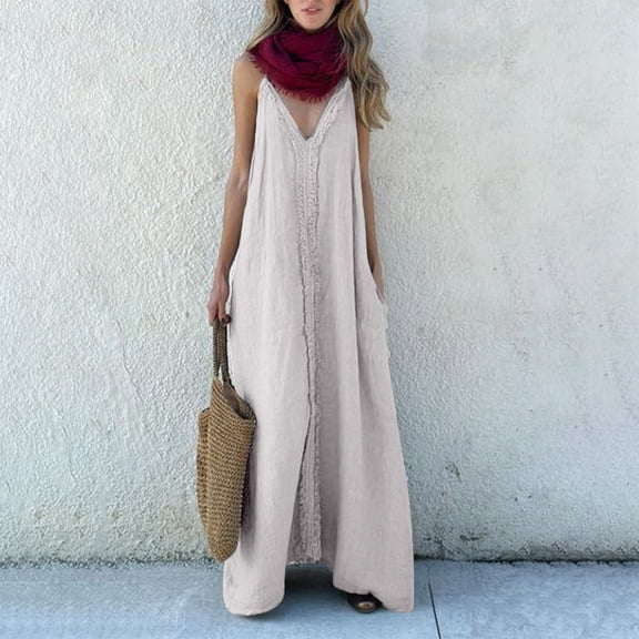 V Neck Spaghetti Strap Maxi Dress Women Summer Casual Sleeveless Loose Beach Sundress with Pocket New Beach Dresses for Women Plus Size White S