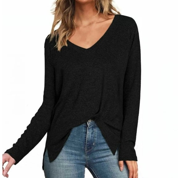 V-Neck Split Hem Top - Women's Fall Long Sleeve Loose Blouse, Y2K Style Casual Sweatshirt | Baberdicy | Long Sleeve Shirts for Women Long Sleeve V Neck Tops Blouses Work (Black | XXL)
