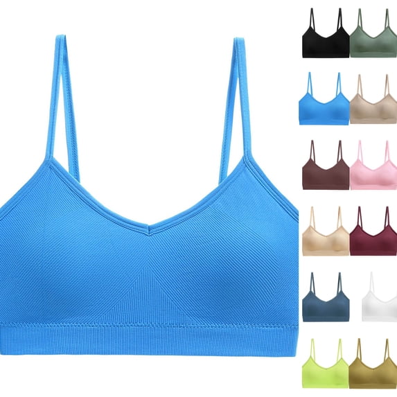 V-Neck Sports Bras for Women - Adjustable Thin Straps Padded Yoga Top Basic Wireless Camisole 2026 Blue L