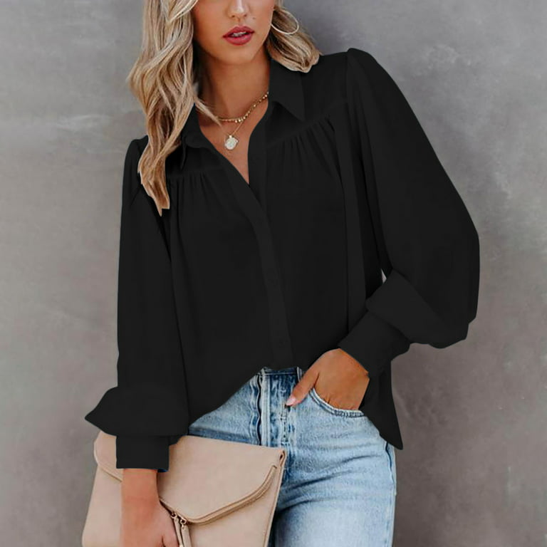 Women's Button Down Shirt Elegant Round Neck Tees Long Sleeve Lapel Shirts  Loose Solid Color Tops V Neck Stand Collar Cotton Blouse 